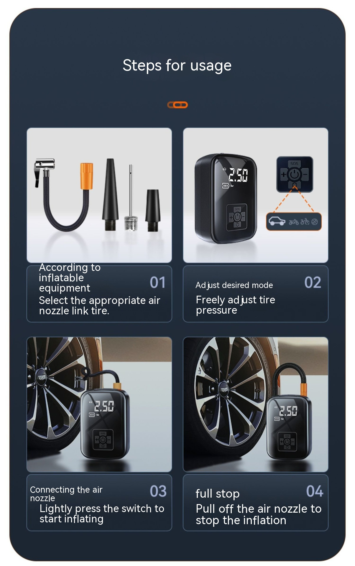 Inflador portátil para llantas de auto con manómetro digital